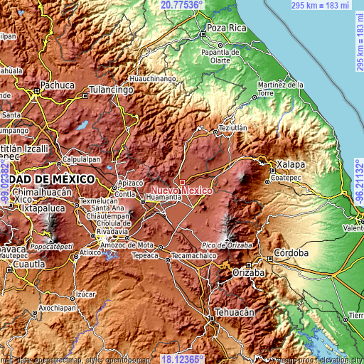 Topographic map of Nuevo México