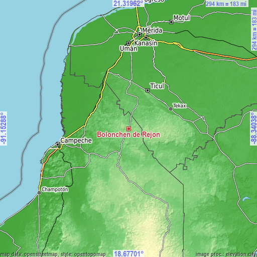 Topographic map of Bolonchén de Rejón