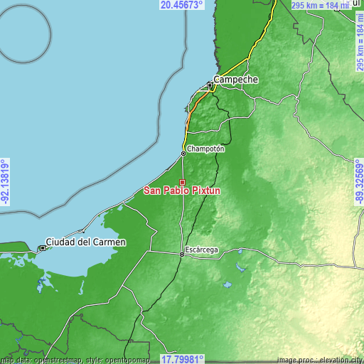 Topographic map of San Pablo Pixtún