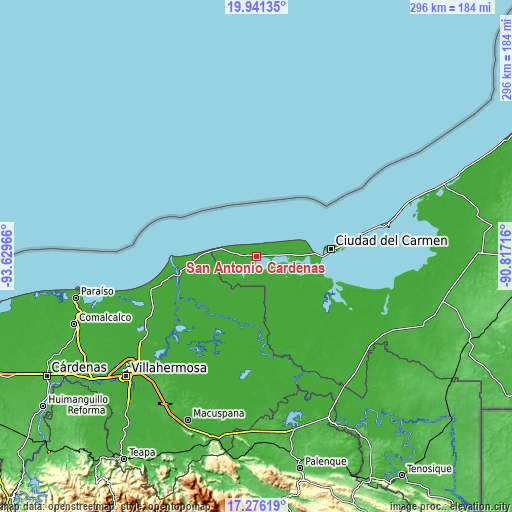 Topographic map of San Antonio Cárdenas