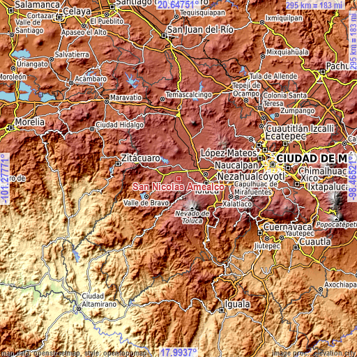 Topographic map of San Nicolás Amealco