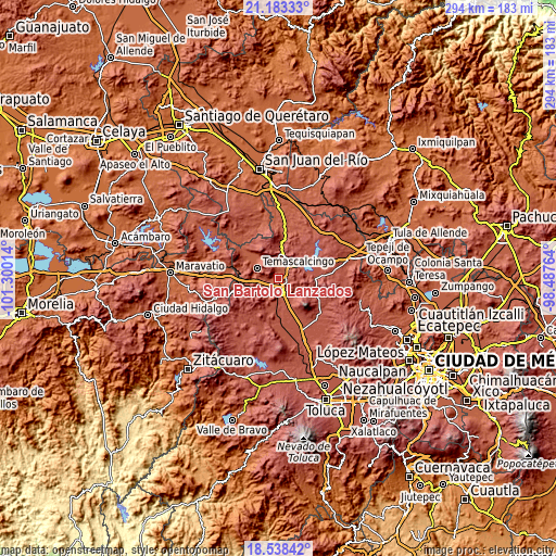 Topographic map of San Bartolo Lanzados