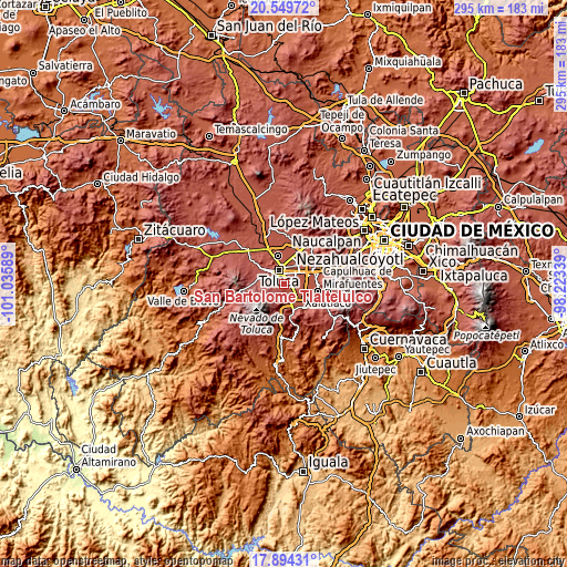 Topographic map of San Bartolomé Tlaltelulco