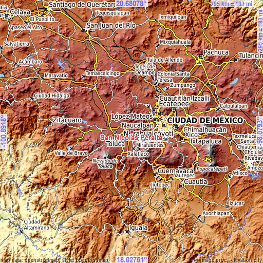 Topographic map of San Nicolás Peralta