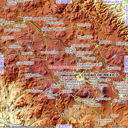 Topographic map of Llano de Zacapexco