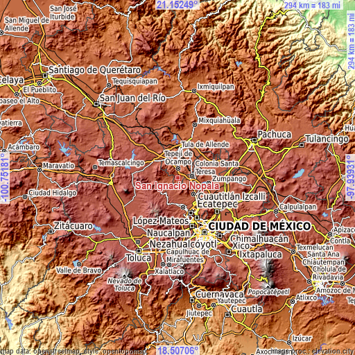 Topographic map of San Ignacio Nopala