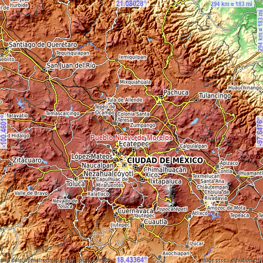 Topographic map of Pueblo Nuevo de Morelos