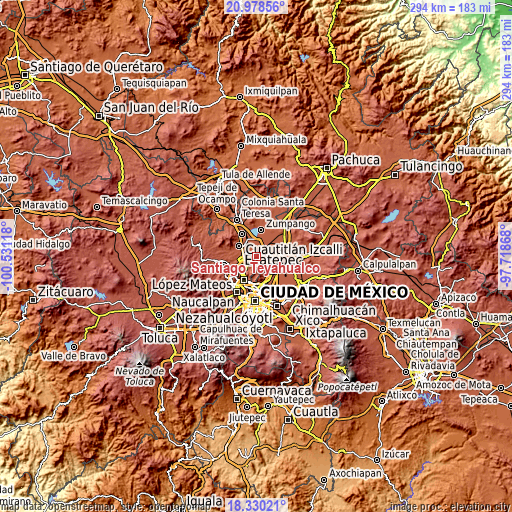 Topographic map of Santiago Teyahualco
