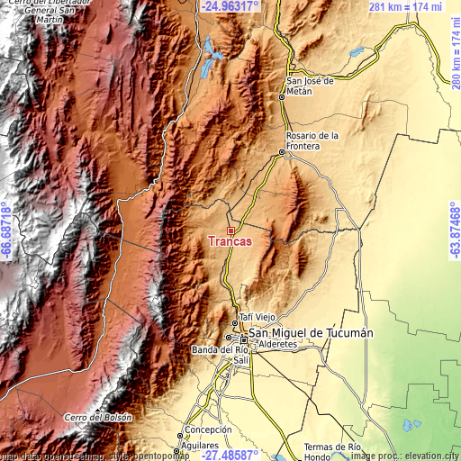 Topographic map of Trancas