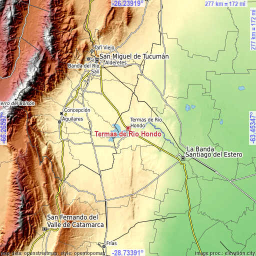 Topographic map of Termas de Río Hondo
