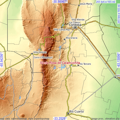 Topographic map of Santa Rosa de Calamuchita