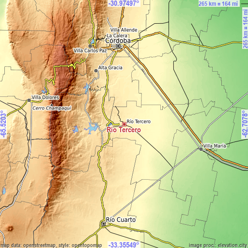Topographic map of Río Tercero