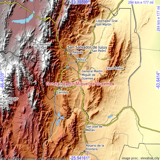 Topographic map of General Martín Miguel de Güemes