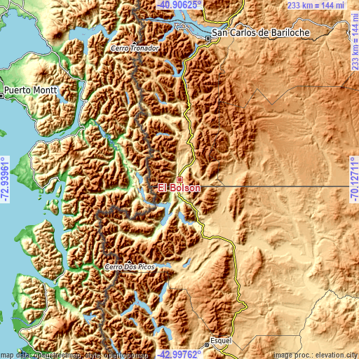 Topographic map of El Bolsón