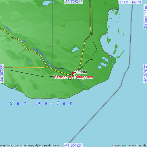 Topographic map of Carmen de Patagones