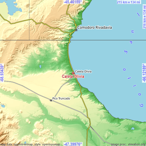 Topographic map of Caleta Olivia