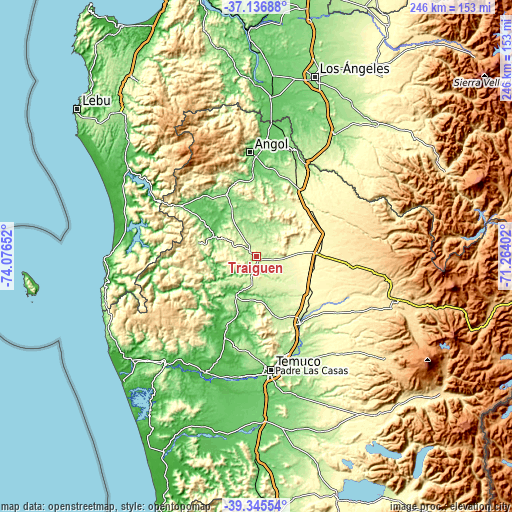 Topographic map of Traiguén