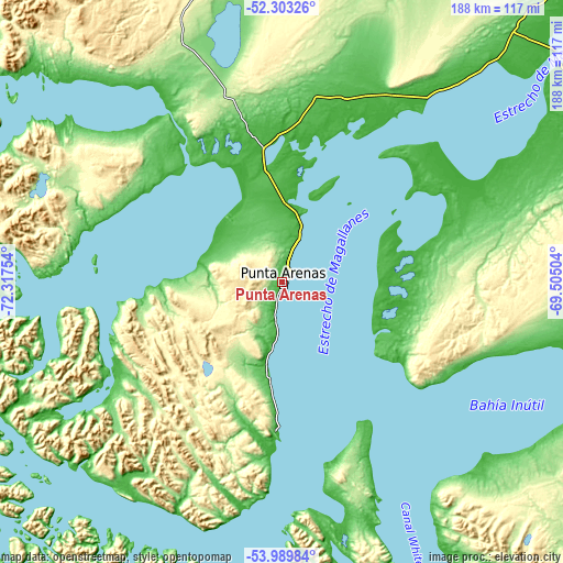 Topographic map of Punta Arenas