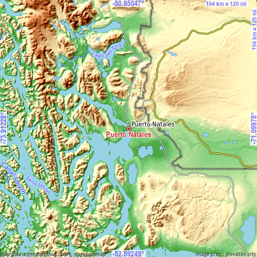 Topographic map of Puerto Natales