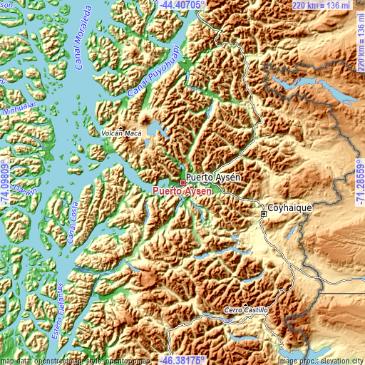 Topographic map of Puerto Aysén