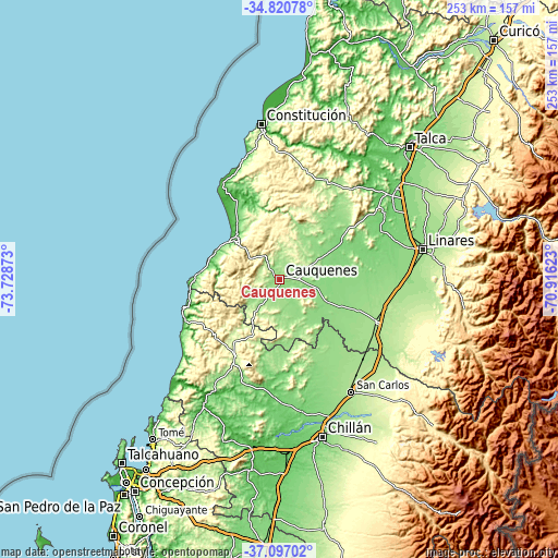 Topographic map of Cauquenes
