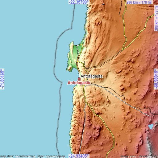 Topographic map of Antofagasta