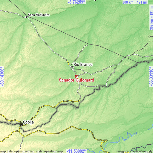 Topographic map of Senador Guiomard