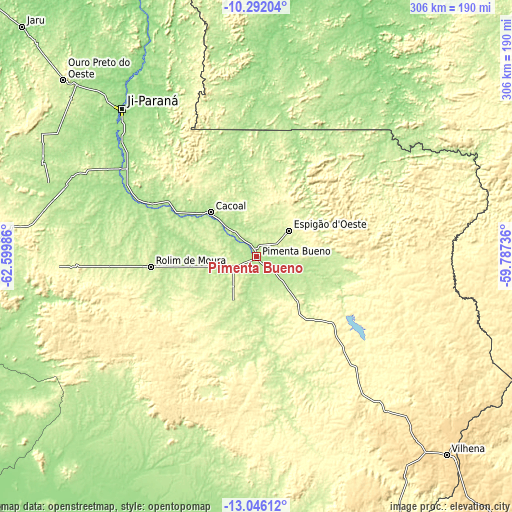 Topographic map of Pimenta Bueno