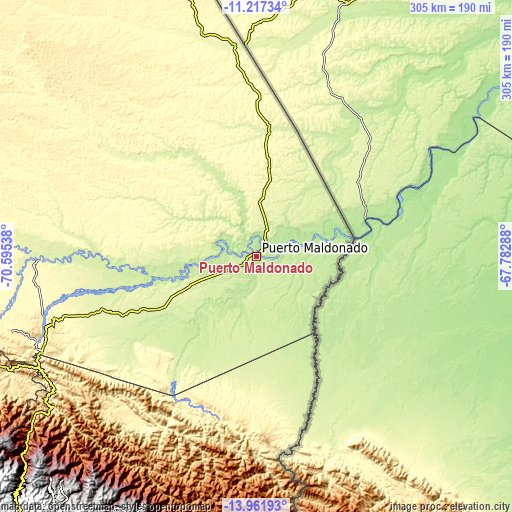Topographic map of Puerto Maldonado