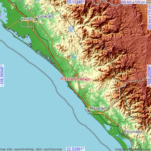 Topographic map of Piaxtla de Abajo