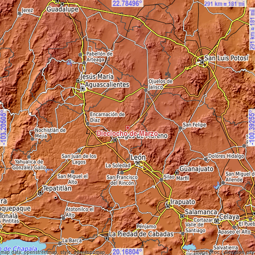 Topographic map of Dieciocho de Marzo