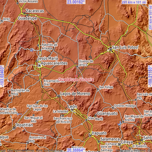 Topographic map of Guadalupe Victoria
