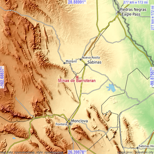 Topographic map of Minas de Barroterán