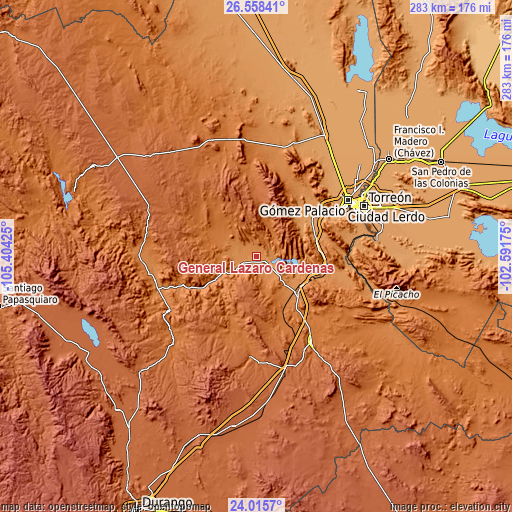 Topographic map of General Lázaro Cárdenas