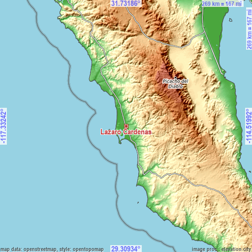 Topographic map of Lázaro Cárdenas