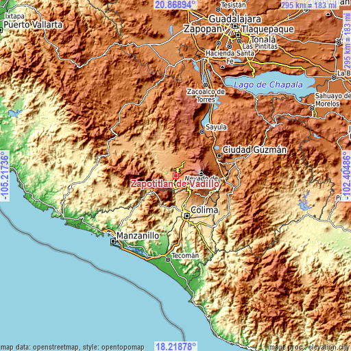 Topographic map of Zapotitlán de Vadillo