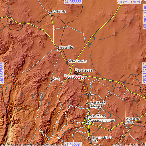 Topographic map of Zacatecas