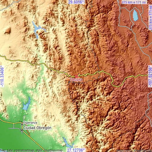 Topographic map of Yécora