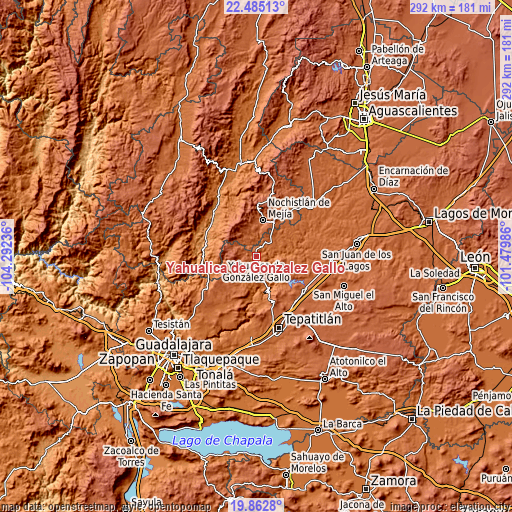 Topographic map of Yahualica de González Gallo