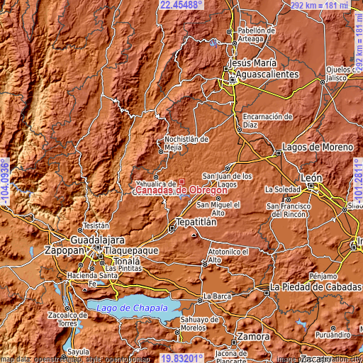 Topographic map of Cañadas de Obregón