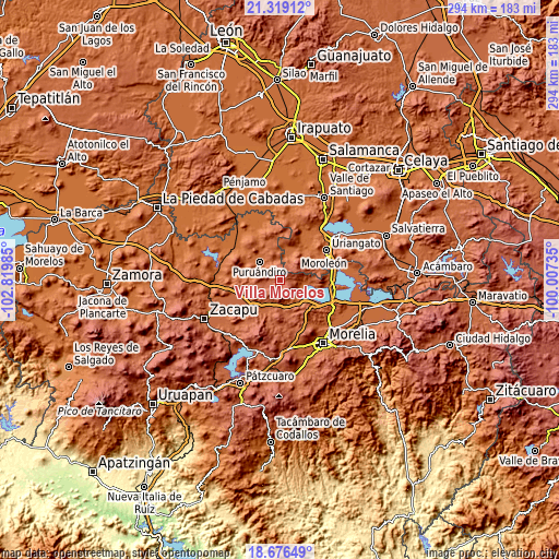 Topographic map of Villa Morelos