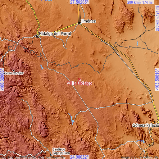 Topographic map of Villa Hidalgo