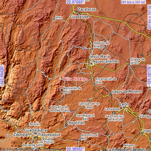 Topographic map of Villa Hidalgo