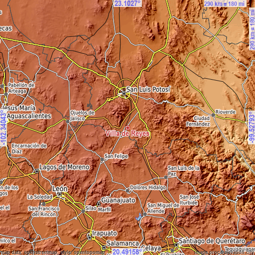 Topographic map of Villa de Reyes