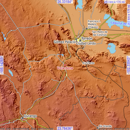 Topographic map of Velardeña