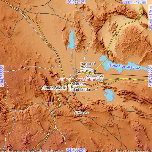 Topographic map of Veinte de Noviembre