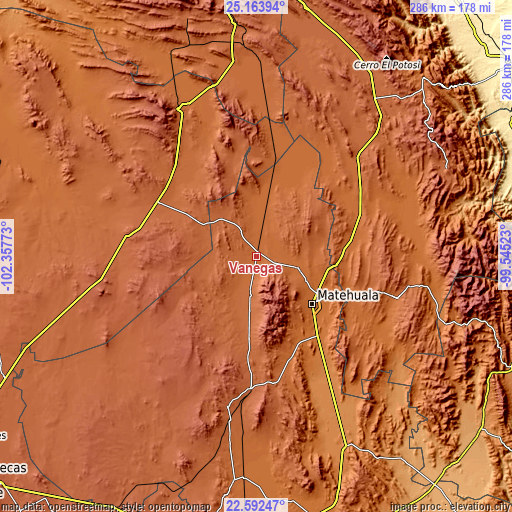 Topographic map of Vanegas
