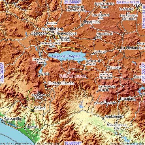 Topographic map of Valle de Juárez