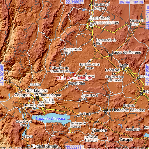 Topographic map of Valle de Guadalupe