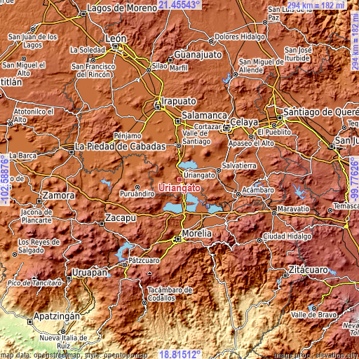 Topographic map of Uriangato
